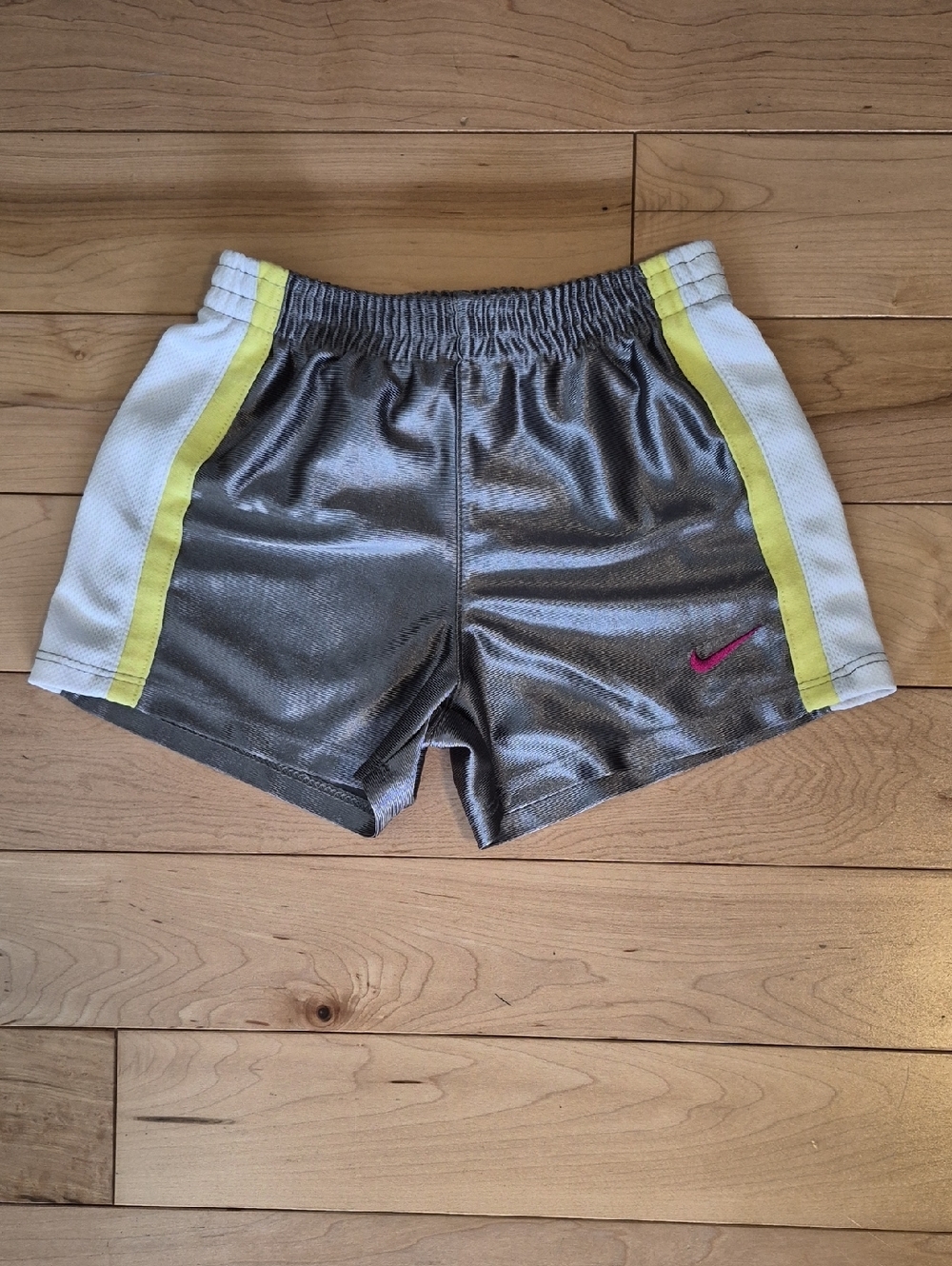 Girls Size 6 Nike Silver Athletic Shorts with Yellow Accents